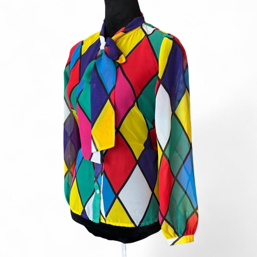 Y2K Tie Neck Multicolor Blouse – Retro Harlequin Print S